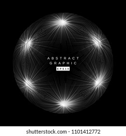 Abstract geometric black background with glowing white circle hexagon element. Symmetry vector minimalist composition. Futuristic space art. 