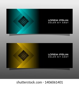 Abstract geometric black banner technology concept design. Glossy gold and blue color