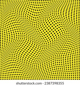 abstract geometric black dot wave pattern with yellow background.