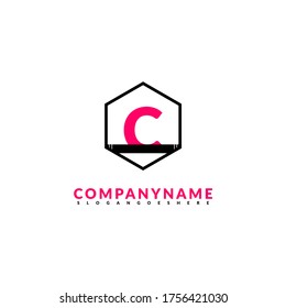 abstraktes geometrisches schwarzes Hexagon-C-Logo, einfaches Design mit rosafarbenem Buchstaben