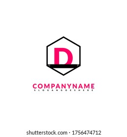 abstract geometric black hexagon D logotype simple design with pink letter concept