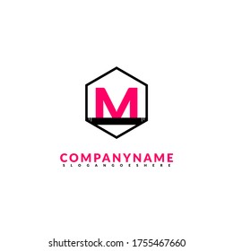 abstract geometric black hexagon M logotype simple design with pink letter concept