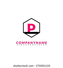 abstract geometric black hexagon P logotype simple design with pink letter concept