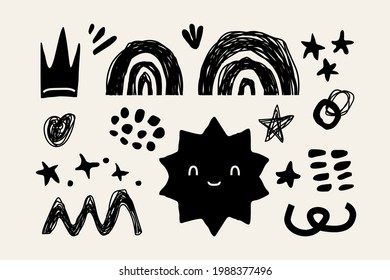 Abstract geometric black shapes and hand drawn doodle objects. Trendy contemporary modern silhouettes. Isolated rainbows, crown, stars, drops as design elements set for your work. Vector illustration