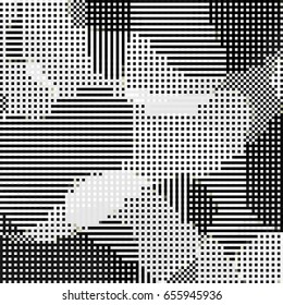 Abstract geometric black and white checkered background. Mosaic tiles of geometric pattern. Stylish check design template for cover, print, banner, card, label. Vector mosaic frame background.