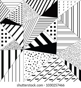 Abstract Geometric Black and White Doted Linear Triangle, Stylish Tiles with different ornament, Retro illustration. Simple background 