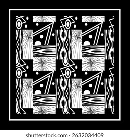 Abstract geometric black and white elements in patchwork style in frame on black background. Pattern can be used as seamless print. For head cover, scarfs, home decor, bandanas, other textile. Vector.