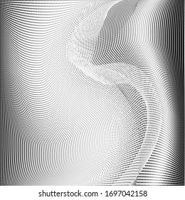 Abstract geometric black and white halftone pattern. Soft dynamic lines. Half tone  square vector illustration with dots. Modern polka dot background for web design, leaflets, print