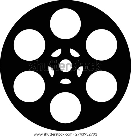Abstract geometric black and white illustration featuring circles and arc shapes arranged concentrically, resembling a film reel or camera aperture.