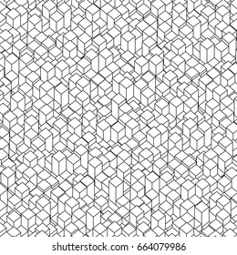 Abstract geometric black and white ornament generated by isometric random cubes