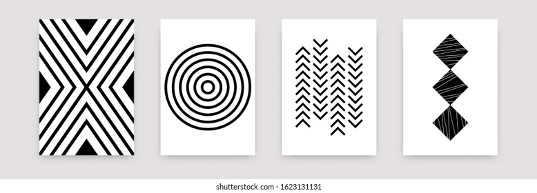 Abstract Geometric Black White Pattern Set. Vector Scandinavian Line Flat Art Design Templates. Simple Illustration Swiss Style For Wallpaper, Poster, Flyer, Banner, Home Decor