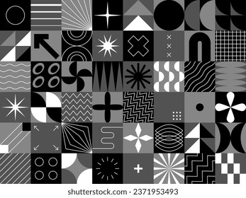 Abstract geometric black and white seamless pattern. Geometric posters in trendy retro brutalist style. Minimal geometric shapes compositions. Applicable for brochures, posters, covers and banners