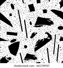 Abstract geometric black and white seamless pattern in vector with dots, smears and geometric shapes