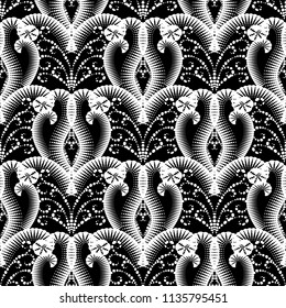 Abstract geometric black and white vector seamless pattern. Ornamental geometry background. Radial dotted shapes, halftone. Modern ornaments. Creative design. Template. Isolated endless texture.