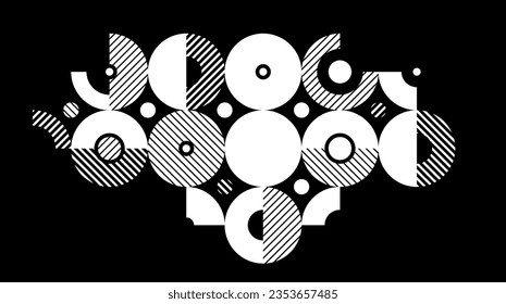 Abstract geometric black and white vector background, modular tiling stripy art with circles and other shapes, monochrome retro style artistic motif over dark.