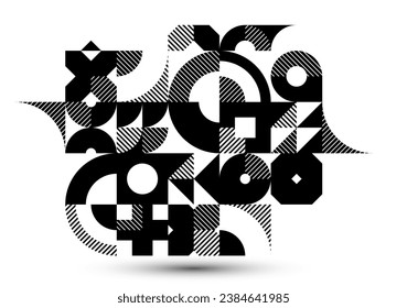 Abstract geometric black and white vector background, modular tiling stripy art with circles and other shapes, monochrome retro style artistic motif isolated.