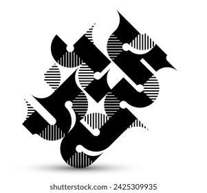 Abstract geometric black and white vector background, modular tiling stripy art with circles and other shapes, monochrome retro style artistic motif isolated.