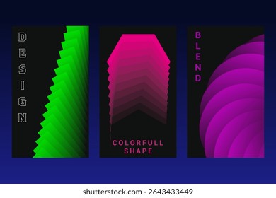 Abstract Geometric Blend Poster Set with Colorful Gradients of Pink, Green and Purple on a Dark Blue Background