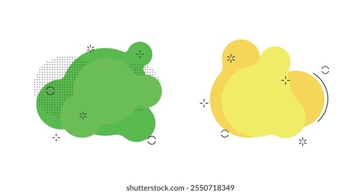 Bolhas geométricas abstratas em verde e vermelho com detalhes decorativos pontilhados e gradientes em um fundo branco.