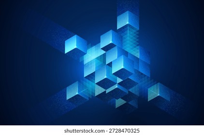 Abstract geometric blocks for AI systems, business finance, cloud storage, cybersecurity and digital infrastructure. 3D cube data background illustrating technology and blockchain network structure.