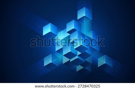 Abstract geometric blocks for AI systems, business finance, cloud storage, cybersecurity and digital infrastructure. 3D cube data background illustrating technology and blockchain network structure.
