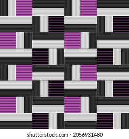 Abstract geometric blocks in white, black and violet with small stripes inside. Seamless repeatable vector pattern. Abstract background with rectangles and squares.