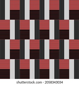 Abstract geometric blocks in white, black and red with small stripes inside. Seamless repeatable vector pattern. Abstract background with rectangles and squares.