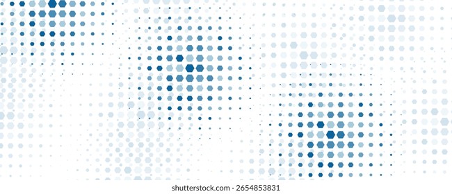 Abstrakter geometrischer blauer Hintergrundrahmen. Vektortextur chaotischer Sechsecke, Partikel. Eine Gruppe von Zellen, ein Informationsraster. Banner für Business, Technologie, Medizin, Präsentationen.