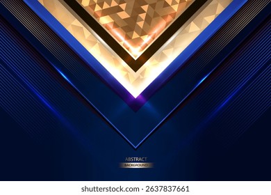 Abstract geometric blue background with golden triagle shiny lines. Blue Background Vector Illustration.
