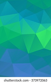 Abstract geometric blue and green background consisting of colored triangles. Low poly pattern, vertical format.