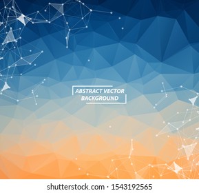 Abstract Geometric Blue Orange Polygonal background molecule and communication. Connected lines with dots. Concept of the science, chemistry, biology, medicine, technology.