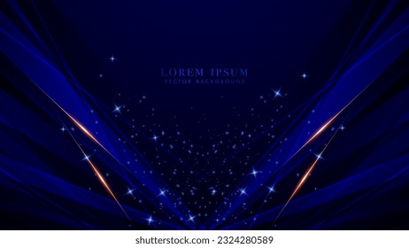 Abstract geometric blue shape slanted with golden lines and sparkle glowing dots effect decoration on dark blue background. Luxury style vector design