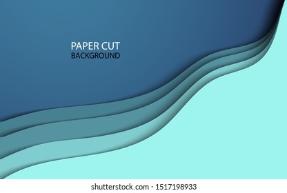 Abstract geometric blue wavy liquid shape background in paper cut style design, vector illustration