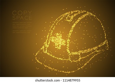 Abstract Geometric Bokeh circle dot pixel pattern Helmet construction shape, safety first concept design gold color illustration isolated on brown gradient background with copy space, vector eps 10
