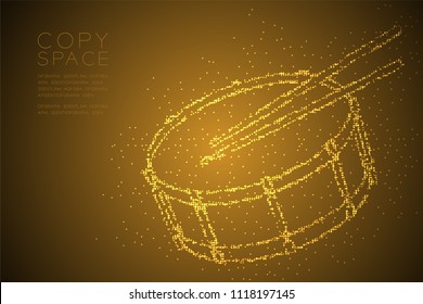 Abstract Geometric Bokeh circle dot pixel pattern Snare drum with drumstick shape, music concept design gold color illustration isolated on brown gradient background with copy space, vector eps 10