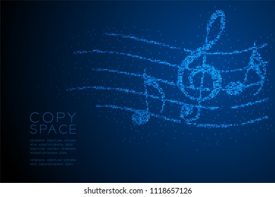 Abstract Geometric Bokeh circle dot pixel pattern Music note with line staff shape concept design blue color illustration isolated on blue gradient background with copy space, vector