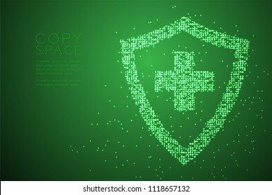 Abstract Geometric Bokeh circle dot pixel pattern Medical shield with cross sign shape, protection concept design green color illustration isolated on green gradient background with copy space, vector