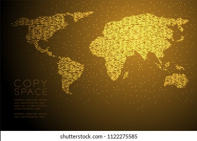 Abstract Geometric Bokeh circle dot pixel pattern World Map shape concept design gold color illustration isolated on brown gradient background with copy space, vector eps 10