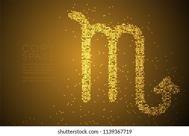 Abstract Geometric Bokeh Circle dot pixel pattern Scorpio Zodiac sign shape, star constellation concept design gold color illustration isolated on brown gradient background with copy space, vector