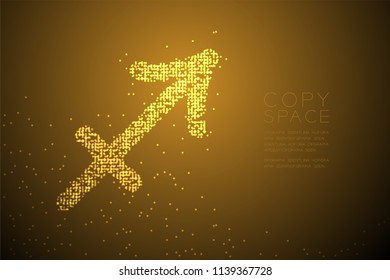 Abstract Geometric Bokeh Circle dot pixel pattern Sagittarius Zodiac sign shape, star constellation concept design gold color illustration isolated on brown gradient background with copy space, vector