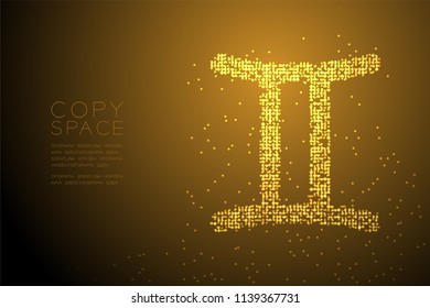 Abstract Geometric Bokeh Circle dot pixel pattern Gemini Zodiac sign shape, star constellation concept design gold color illustration isolated on brown gradient background with copy space, vector
