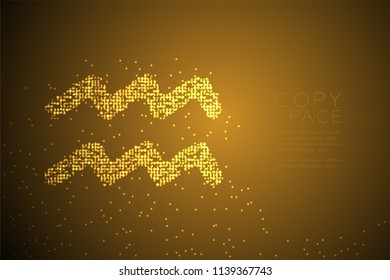 Abstract Geometric Bokeh Circle dot pixel pattern Aquarius Zodiac sign shape, star constellation concept design gold color illustration isolated on brown gradient background with copy space, vector