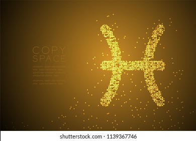 Abstract Geometric Bokeh Circle dot pixel pattern Pisces Zodiac sign shape, star constellation concept design gold color illustration isolated on brown gradient background with copy space, vector