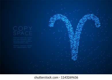 Abstract Geometric Bokeh circle dot pixel pattern Aries Zodiac sign shape, star constellation concept design blue color illustration isolated on blue gradient background with copy space, vector eps 10