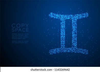 Abstract Geometric Bokeh circle dot pixel pattern Gemini Zodiac sign shape, star constellation concept design blue color illustration isolated on blue gradient background with copy space, vector