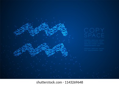 Abstract Geometric Bokeh circle dot pixel pattern Aquarius Zodiac sign shape, star constellation concept design blue color illustration isolated on blue gradient background with copy space, vector