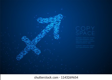 Abstract Geometric Bokeh circle dot pixel pattern Sagittarius Zodiac sign shape, star constellation concept design blue color illustration isolated on blue gradient background with copy space, vector
