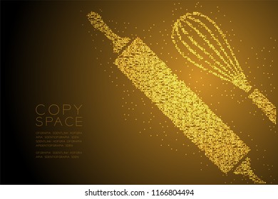 Abstract Geometric Bokeh circle dot pixel pattern Rolling Pin and Whisk shape, Bakery concept design gold color illustration isolated on brown gradient background with copy space, vector eps 10