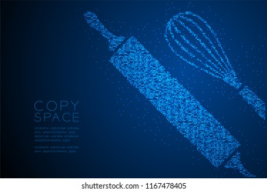 Abstract Geometric Bokeh circle dot pixel pattern Rolling Pin and Whisk shape, Bakery concept design blue color illustration isolated on blue gradient background with copy space, vector