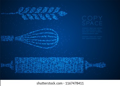 Abstract Geometric Bokeh circle dot pixel pattern Rolling Pin, Whisk and Wheat shape, Bakery concept design blue color illustration isolated on blue gradient background with copy space, vector